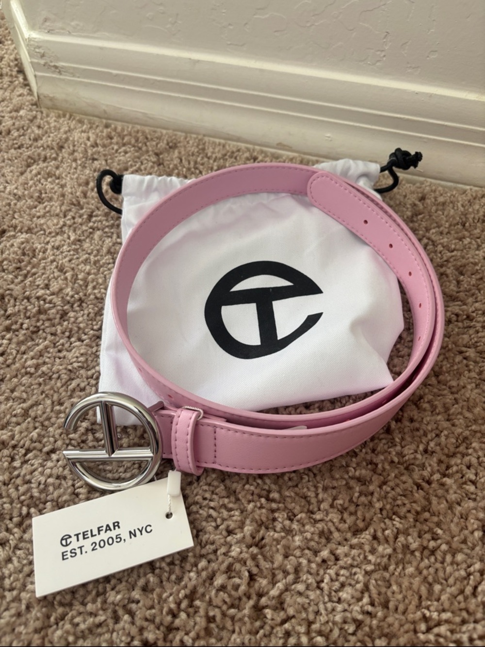 Telfar Bubblegum Pink Vegan Leather Belt with Silver Logo Buckle Size XS/S